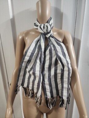 Vintage Liz Sinclair Black & White Stripe Cotton Oblong Scarf Tassel Trim NWOT